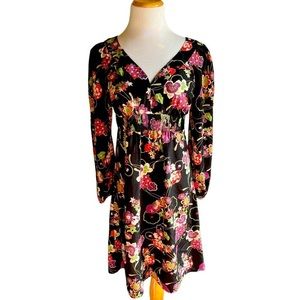 LOFT Black Floral Long-Sleeve Empire Waist Dress